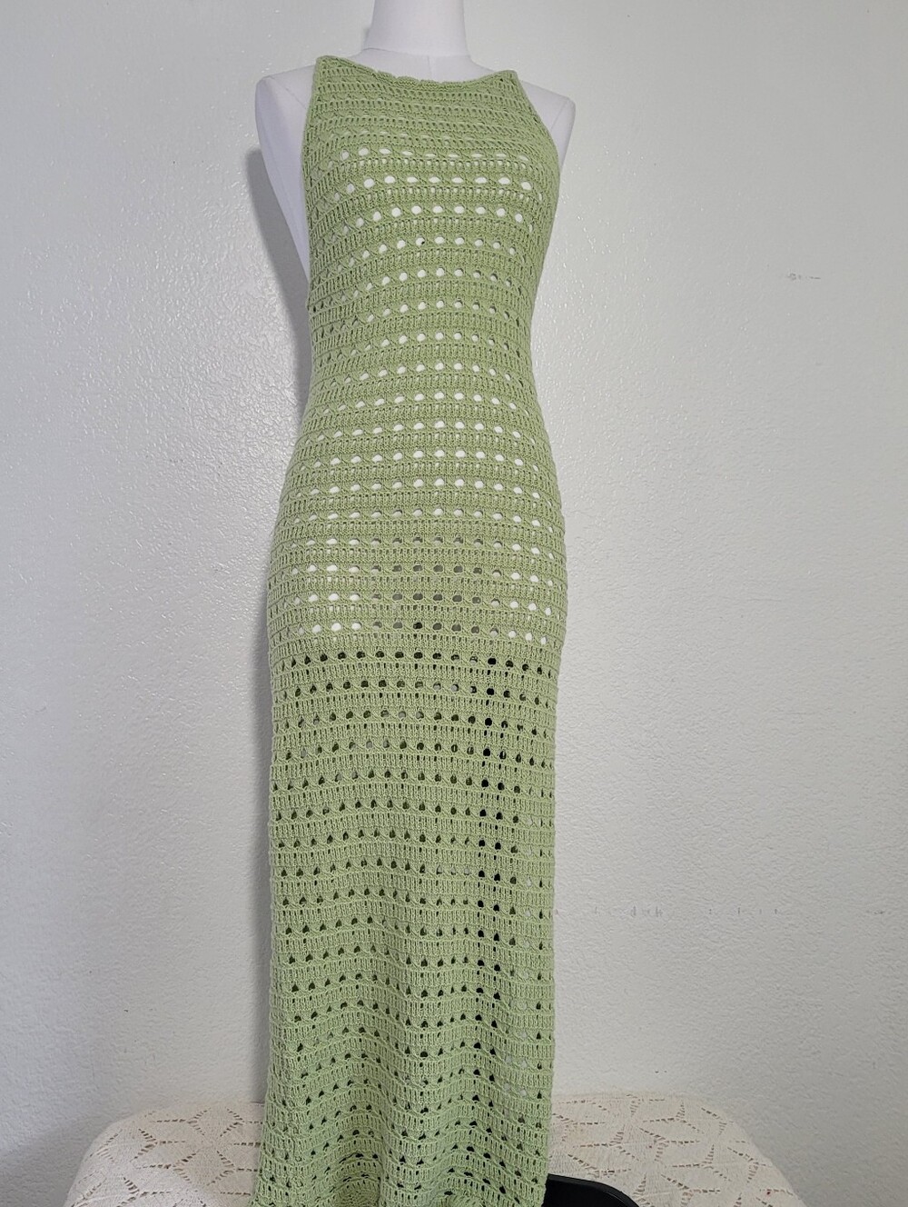 Medusa Sage Green Halter Open Back Sleeveless Crochet Maxi Dress Cover-Up Small